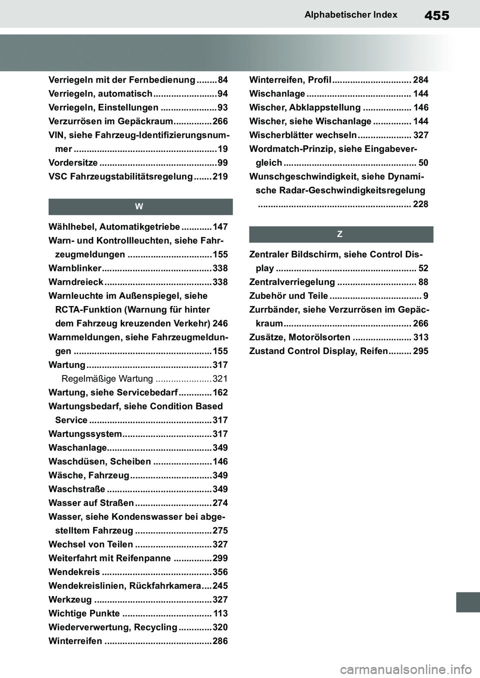 TOYOTA SUPRA 2020 Betriebsanleitungen (in German) 455
Supra Owners Manual_EM
Alphabetischer Index
Verriegeln mit der Fernbedienung ........ 84
Verriegeln, automatisch ......................... 94
Verriegeln, Einstellungen ...................... 93
V TOYOTA SUPRA 2020 Betriebsanleitungen (in German) 455
Supra Owners Manual_EM
Alphabetischer Index
Verriegeln mit der Fernbedienung ........ 84
Verriegeln, automatisch ......................... 94
Verriegeln, Einstellungen ...................... 93
V