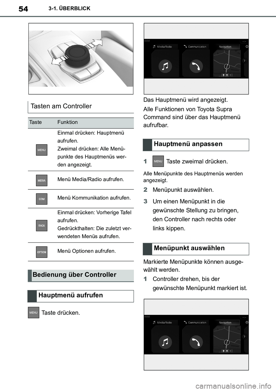 TOYOTA SUPRA 2020  Betriebsanleitungen (in German) 54
Supra Owners Manual_EM
3-1. ÜBERBLICK
 Taste drücken.Das Hauptmenü wird angezeigt.
Alle Funktionen von Toyota Supra 
Command sind über das Hauptmenü 
aufrufbar.
1 Taste zweimal drücken.
Alle