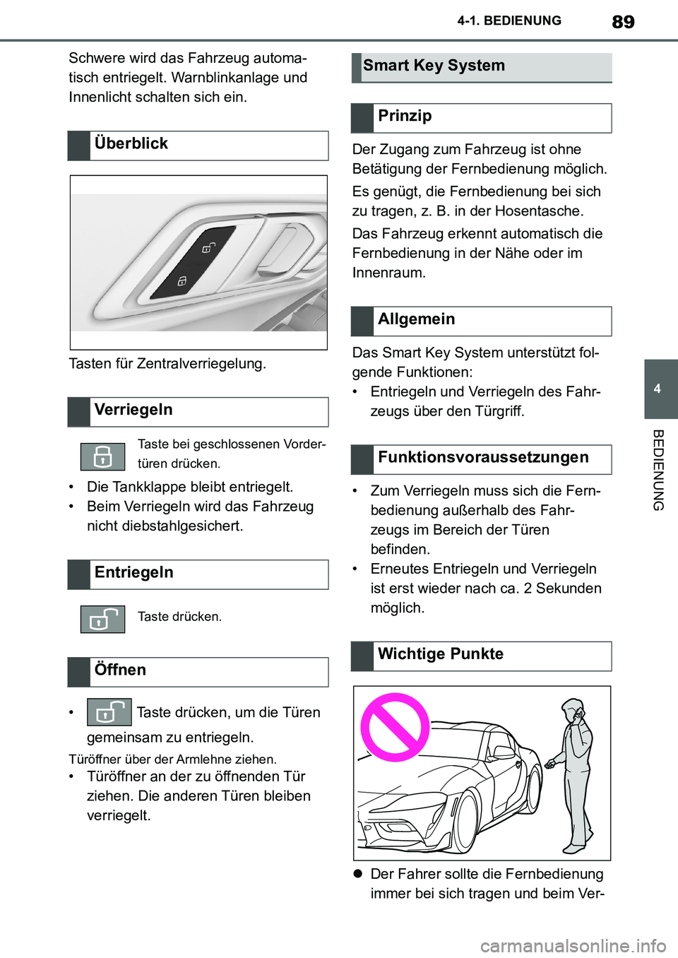TOYOTA SUPRA 2020  Betriebsanleitungen (in German) 89
4
Supra Owners Manual_EM
4-1. BEDIENUNG
BEDIENUNG
Schwere wird das Fahrzeug automa-
tisch entriegelt. Warnblinkanlage und 
Innenlicht schalten sich ein.
Tasten für Zentralverriegelung.
• Die Ta