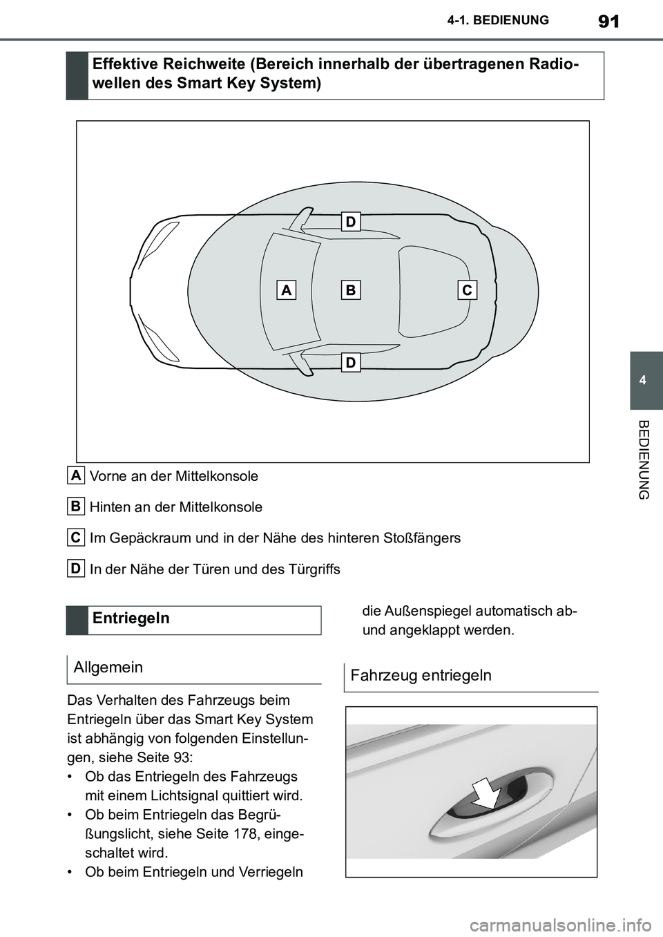 TOYOTA SUPRA 2020  Betriebsanleitungen (in German) 91
4
Supra Owners Manual_EM
4-1. BEDIENUNG
BEDIENUNG
Vorne an der Mittelkonsole
Hinten an der Mittelkonsole
Im Gepäckraum und in der Nähe des hinteren Stoßfängers
In der Nähe der Türen und des 