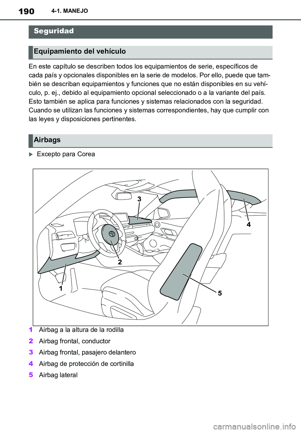 TOYOTA SUPRA 2020  Manuale de Empleo (in Spanish) 190
Supra Owners Manual_ES
4-1. MANEJO
En este capítulo se describen todos los equipamientos de serie, específicos de 
cada país y opcionales disponibles en la serie de modelos. Por ello, puede qu