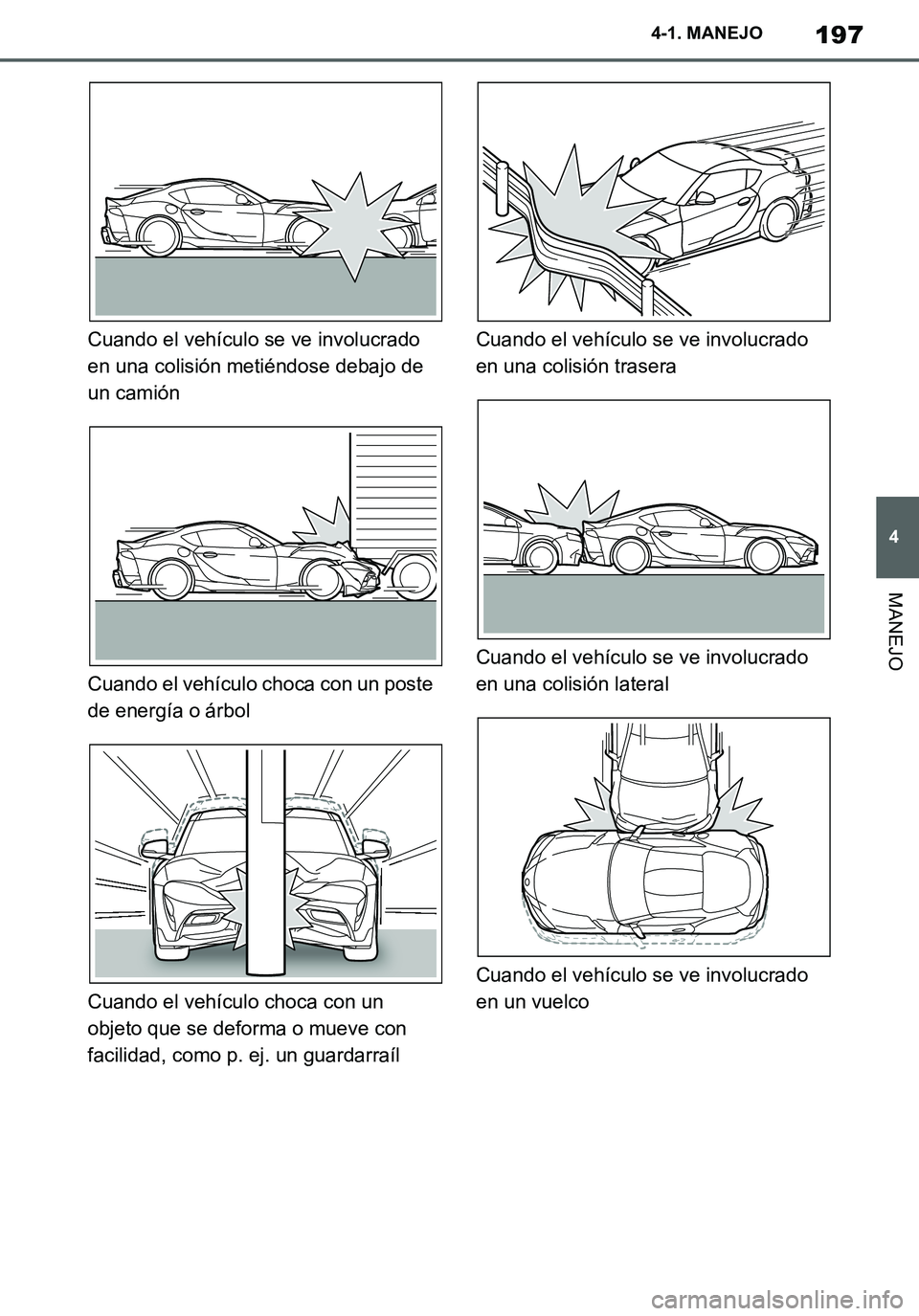 TOYOTA SUPRA 2020  Manuale de Empleo (in Spanish) 197
4
Supra Owners Manual_ES
4-1. MANEJO
MANEJO
Cuando el vehículo se ve involucrado 
en una colisión metiéndose debajo de 
un camión
Cuando el vehículo choca con un poste 
de energía o árbol
