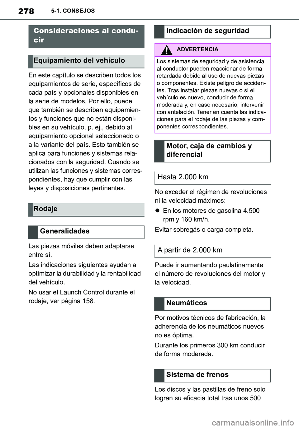TOYOTA SUPRA 2020 Manuale de Empleo (in Spanish) 278
Supra Owners Manual_ES
5-1. CONSEJOS
5-1.CONSEJOS
En este capítulo se describen todos los
equipamientos de serie, específicos de
cada país y opcionales disponibles en
la serie de modelos. P TOYOTA SUPRA 2020 Manuale de Empleo (in Spanish) 278
Supra Owners Manual_ES
5-1. CONSEJOS
5-1.CONSEJOS
En este capítulo se describen todos los
equipamientos de serie, específicos de
cada país y opcionales disponibles en
la serie de modelos. P