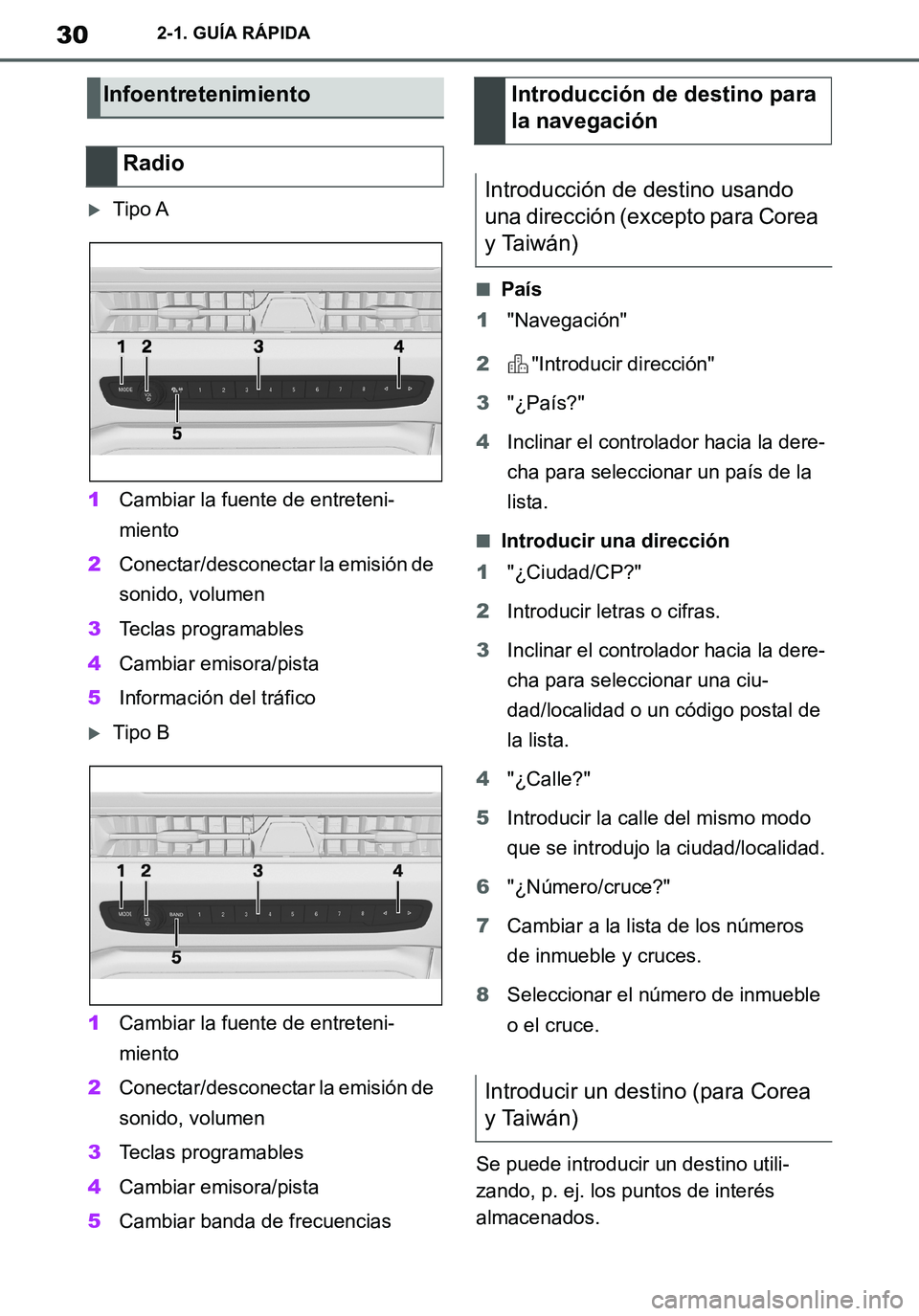 TOYOTA SUPRA 2020 Manuale de Empleo (in Spanish) 30
Supra Owners Manual_ES
2-1. GUÍA RÁPIDA
Tipo A
1Cambiar la fuente de entreteni-
miento
2Conectar/desconectar la emisión de
sonido, volumen
3Teclas programables
4Cambiar emisora/pista
5Infor TOYOTA SUPRA 2020 Manuale de Empleo (in Spanish) 30
Supra Owners Manual_ES
2-1. GUÍA RÁPIDA
Tipo A
1Cambiar la fuente de entreteni-
miento
2Conectar/desconectar la emisión de
sonido, volumen
3Teclas programables
4Cambiar emisora/pista
5Infor