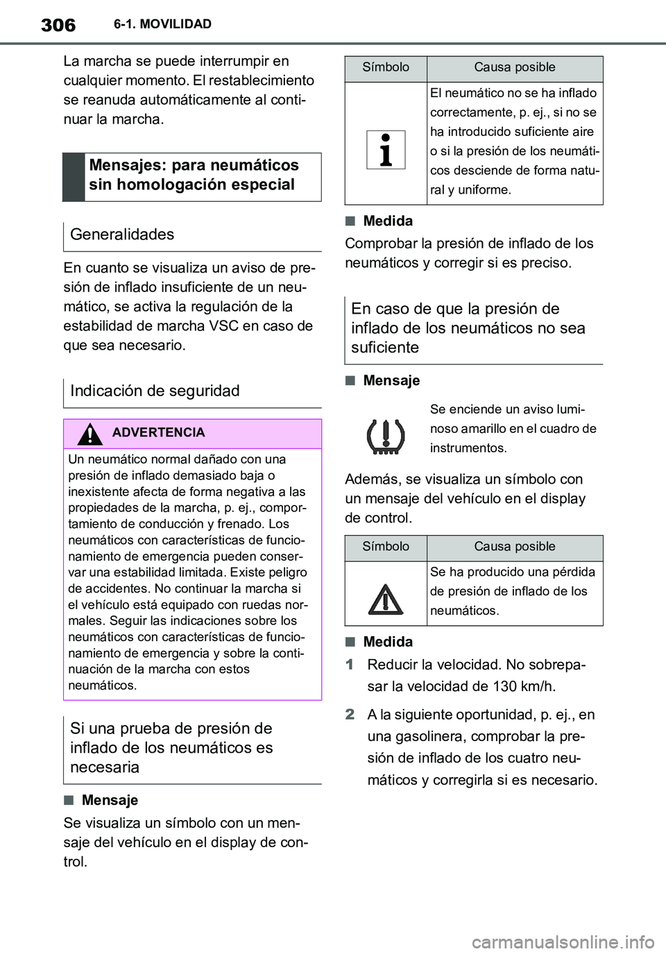 TOYOTA SUPRA 2020 Manuale de Empleo (in Spanish) 306
Supra Owners Manual_ES
6-1. MOVILIDAD
La marcha se puede interrumpir en
cualquier momento. El restablecimiento
se reanuda automáticamente al conti-
nuar la marcha.
En cuanto se visualiza un av TOYOTA SUPRA 2020 Manuale de Empleo (in Spanish) 306
Supra Owners Manual_ES
6-1. MOVILIDAD
La marcha se puede interrumpir en
cualquier momento. El restablecimiento
se reanuda automáticamente al conti-
nuar la marcha.
En cuanto se visualiza un av