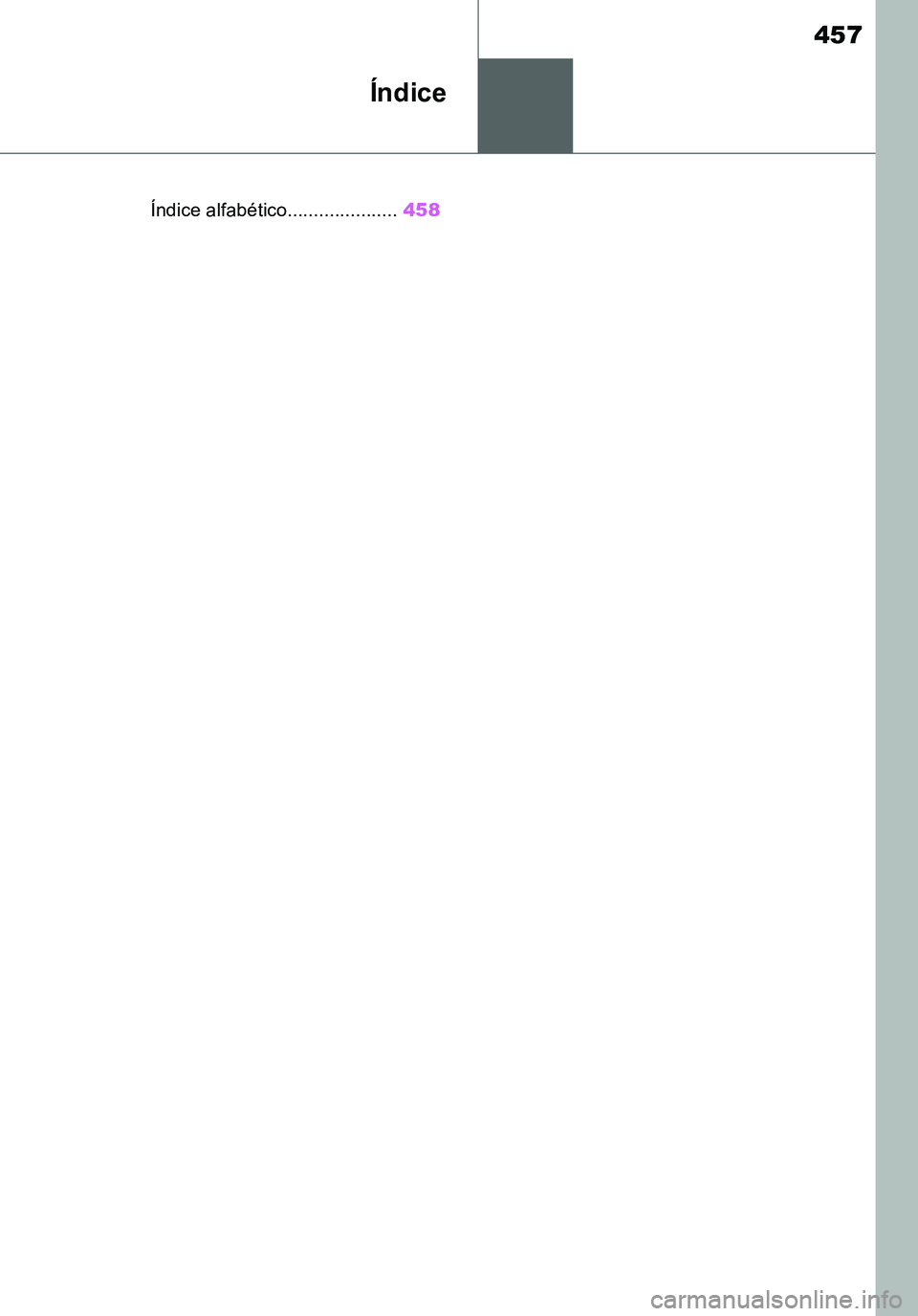 TOYOTA SUPRA 2020  Manuale de Empleo (in Spanish) 457
Supra Owners Manual_ES
Índice
.Índice alfabético.....................458
Supra_OM_Spanish_OM99V77S.book  457 ページ  ２０１９年８月１６日　金曜日　午後３時３３分 