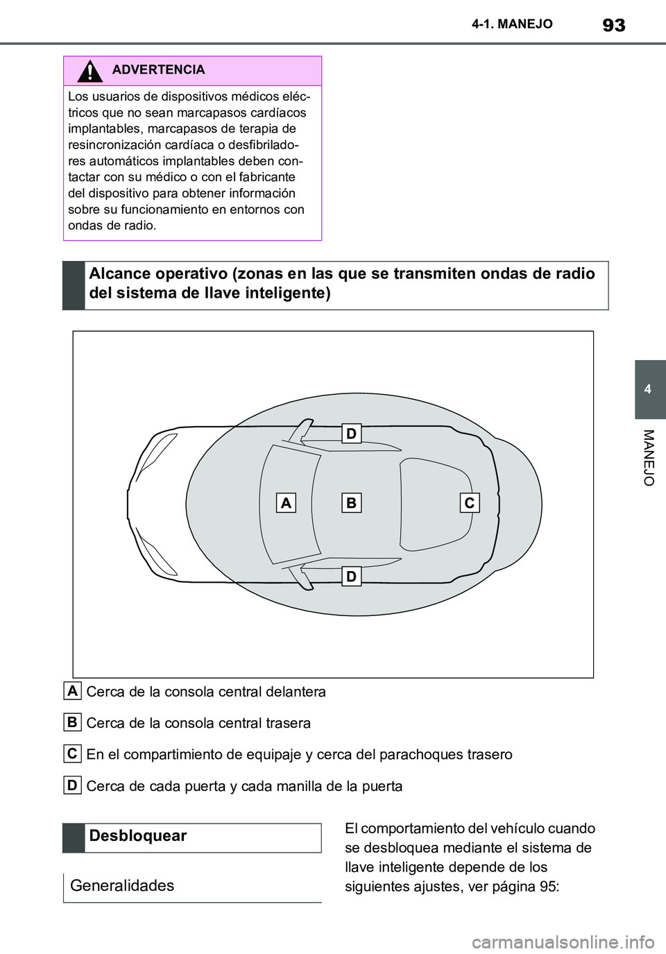 TOYOTA SUPRA 2020  Manuale de Empleo (in Spanish) 93
4
Supra Owners Manual_ES
4-1. MANEJO
MANEJO
Cerca de la consola central delantera
Cerca de la consola central trasera
En el compartimiento de equipaje y cerca del parachoques trasero
Cerca de cada