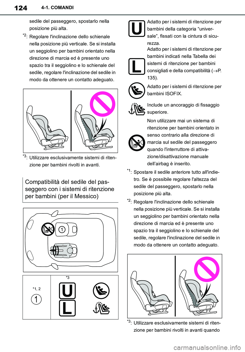 TOYOTA SUPRA 2020 Manuale duso (in Italian) 124
Supra Owners Manual_EL
4-1. COMANDI
sedile del passeggero, spostarlo nella
posizione più alta.
*2: Regolare linclinazione dello schienale
nella posizione più verticale. Se si installa
un se TOYOTA SUPRA 2020 Manuale duso (in Italian) 124
Supra Owners Manual_EL
4-1. COMANDI
sedile del passeggero, spostarlo nella
posizione più alta.
*2: Regolare linclinazione dello schienale
nella posizione più verticale. Se si installa
un se