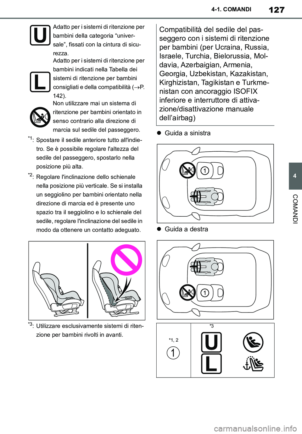 TOYOTA SUPRA 2020 Manuale duso (in Italian) 127
4
Supra Owners Manual_EL
4-1. COMANDI
COMANDI
*1: Spostare il sedile anteriore tutto allindie-
tro. Se è possibile regolare laltezza del
sedile del passeggero, spostarlo nella
posizione più TOYOTA SUPRA 2020 Manuale duso (in Italian) 127
4
Supra Owners Manual_EL
4-1. COMANDI
COMANDI
*1: Spostare il sedile anteriore tutto allindie-
tro. Se è possibile regolare laltezza del
sedile del passeggero, spostarlo nella
posizione più