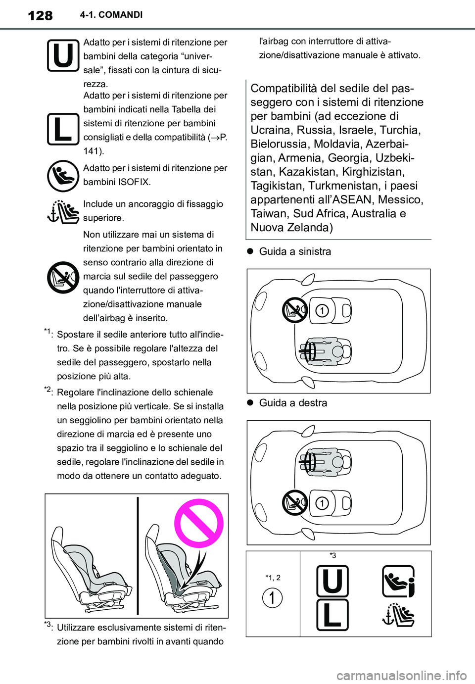 TOYOTA SUPRA 2020 Manuale duso (in Italian) 128
Supra Owners Manual_EL
4-1. COMANDI
*1: Spostare il sedile anteriore tutto allindie-
tro. Se è possibile regolare laltezza del
sedile del passeggero, spostarlo nella
posizione più alta.
*2: TOYOTA SUPRA 2020 Manuale duso (in Italian) 128
Supra Owners Manual_EL
4-1. COMANDI
*1: Spostare il sedile anteriore tutto allindie-
tro. Se è possibile regolare laltezza del
sedile del passeggero, spostarlo nella
posizione più alta.
*2: