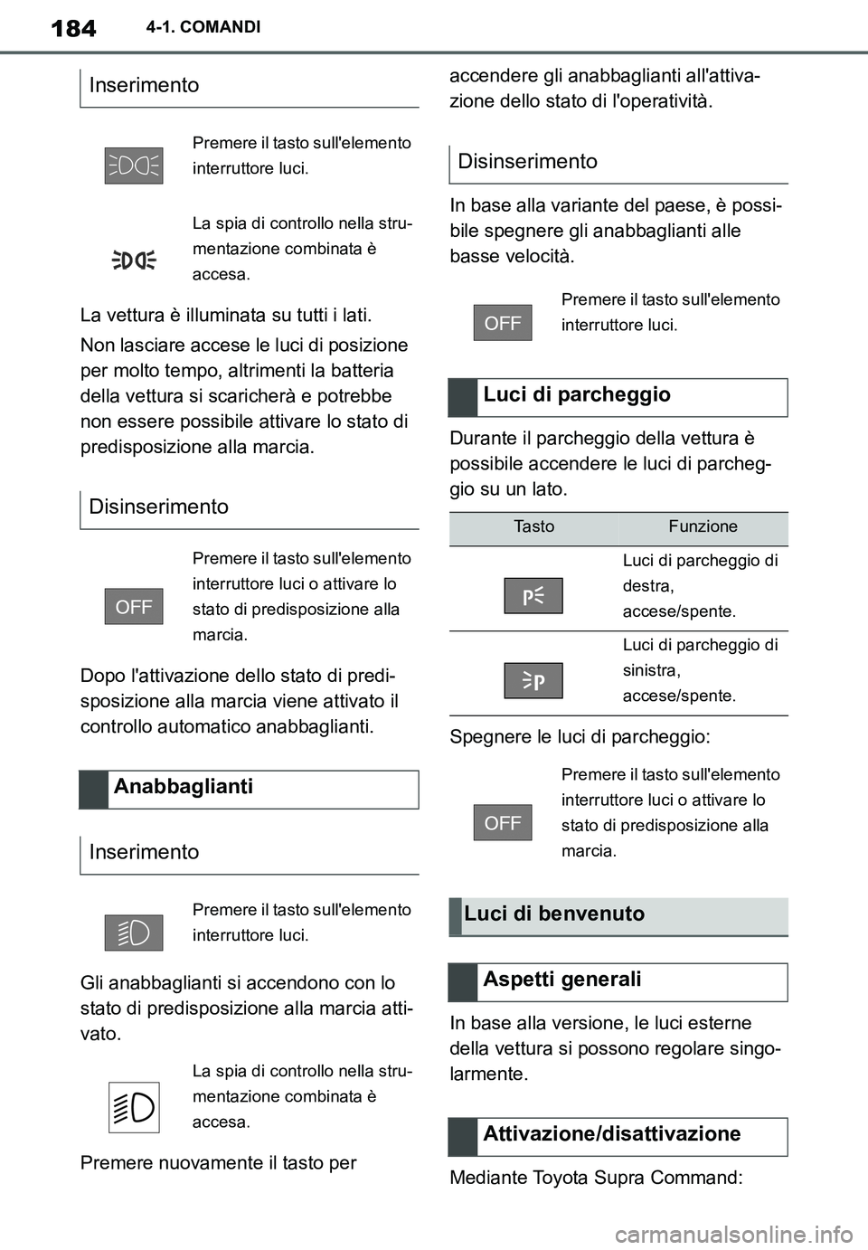 TOYOTA SUPRA 2020  Manuale duso (in Italian) 184
Supra Owners Manual_EL
4-1. COMANDI
La vettura è illuminata su tutti i lati.
Non lasciare accese le luci di posizione 
per molto tempo, altrimenti la batteria 
della vettura si scaricherà e pot