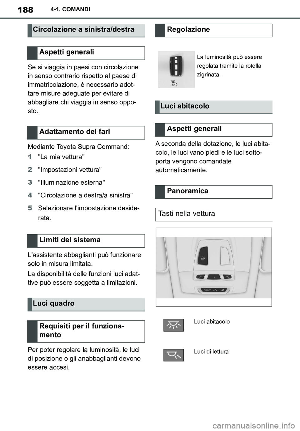 TOYOTA SUPRA 2020  Manuale duso (in Italian) 188
Supra Owners Manual_EL
4-1. COMANDI
Se si viaggia in paesi con circolazione 
in senso contrario rispetto al paese di 
immatricolazione, è necessario adot-
tare misure adeguate per evitare di 
ab