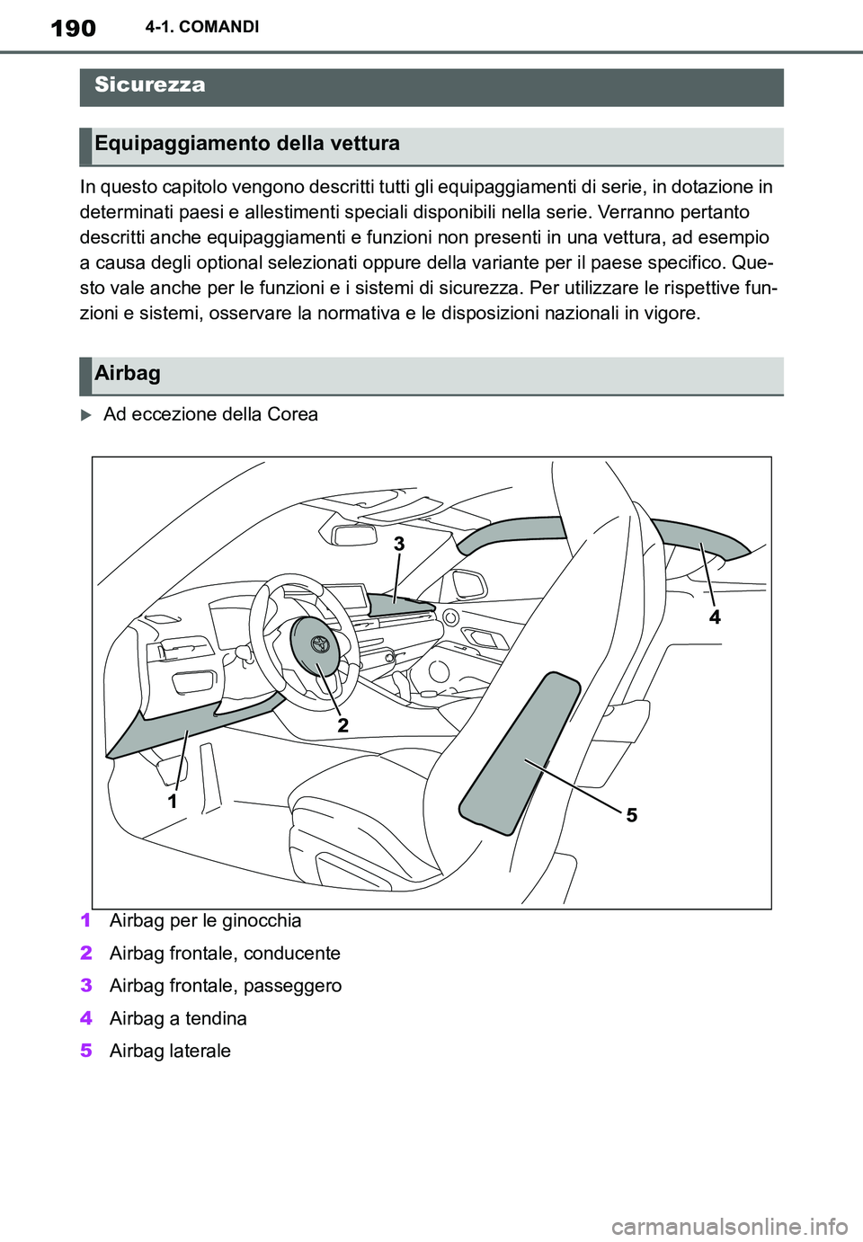 TOYOTA SUPRA 2020  Manuale duso (in Italian) 190
Supra Owners Manual_EL
4-1. COMANDI
In questo capitolo vengono descritti tutti gli equipaggiamenti di serie, in dotazione in 
determinati paesi e allestimenti speciali disponibili nella serie. Ve