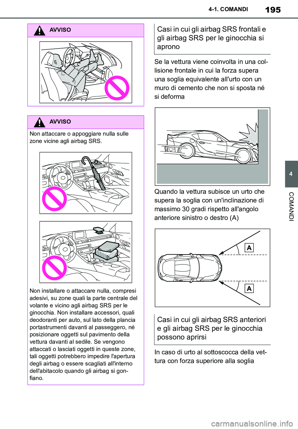 TOYOTA SUPRA 2020  Manuale duso (in Italian) 195
4
Supra Owners Manual_EL
4-1. COMANDI
COMANDI
Se la vettura viene coinvolta in una col-
lisione frontale in cui la forza supera 
una soglia equivalente allurto con un 
muro di cemento che non si