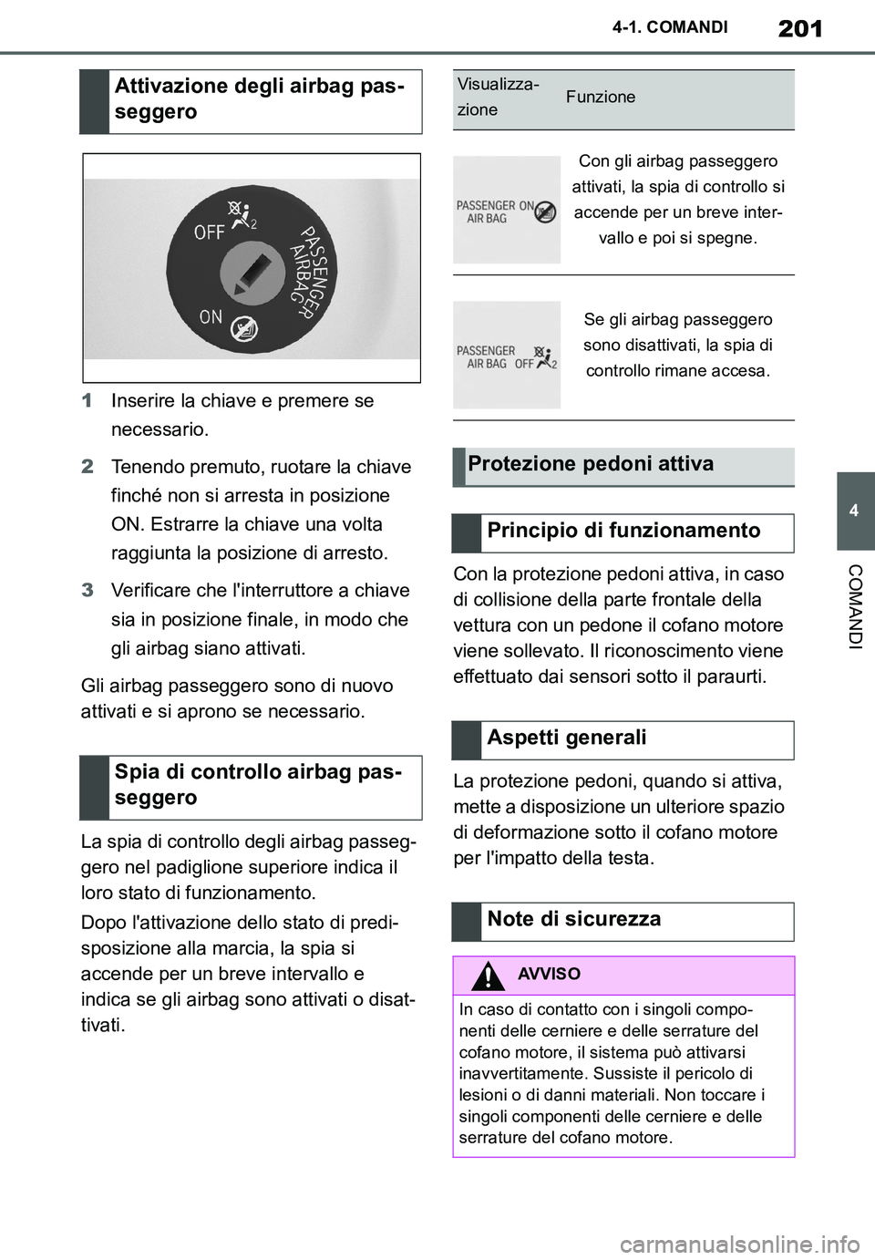 TOYOTA SUPRA 2020  Manuale duso (in Italian) 201
4
Supra Owners Manual_EL
4-1. COMANDI
COMANDI
1Inserire la chiave e premere se 
necessario.
2Tenendo premuto, ruotare la chiave 
finché non si arresta in posizione 
ON. Estrarre la chiave una vo