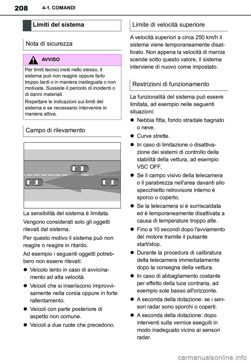 TOYOTA SUPRA 2020  Manuale duso (in Italian) 208
Supra Owners Manual_EL
4-1. COMANDI
La sensibilità del sistema è limitata.
Vengono considerati solo gli oggetti 
rilevati dal sistema.
Per questo motivo il sistema può non 
reagire o reagire i