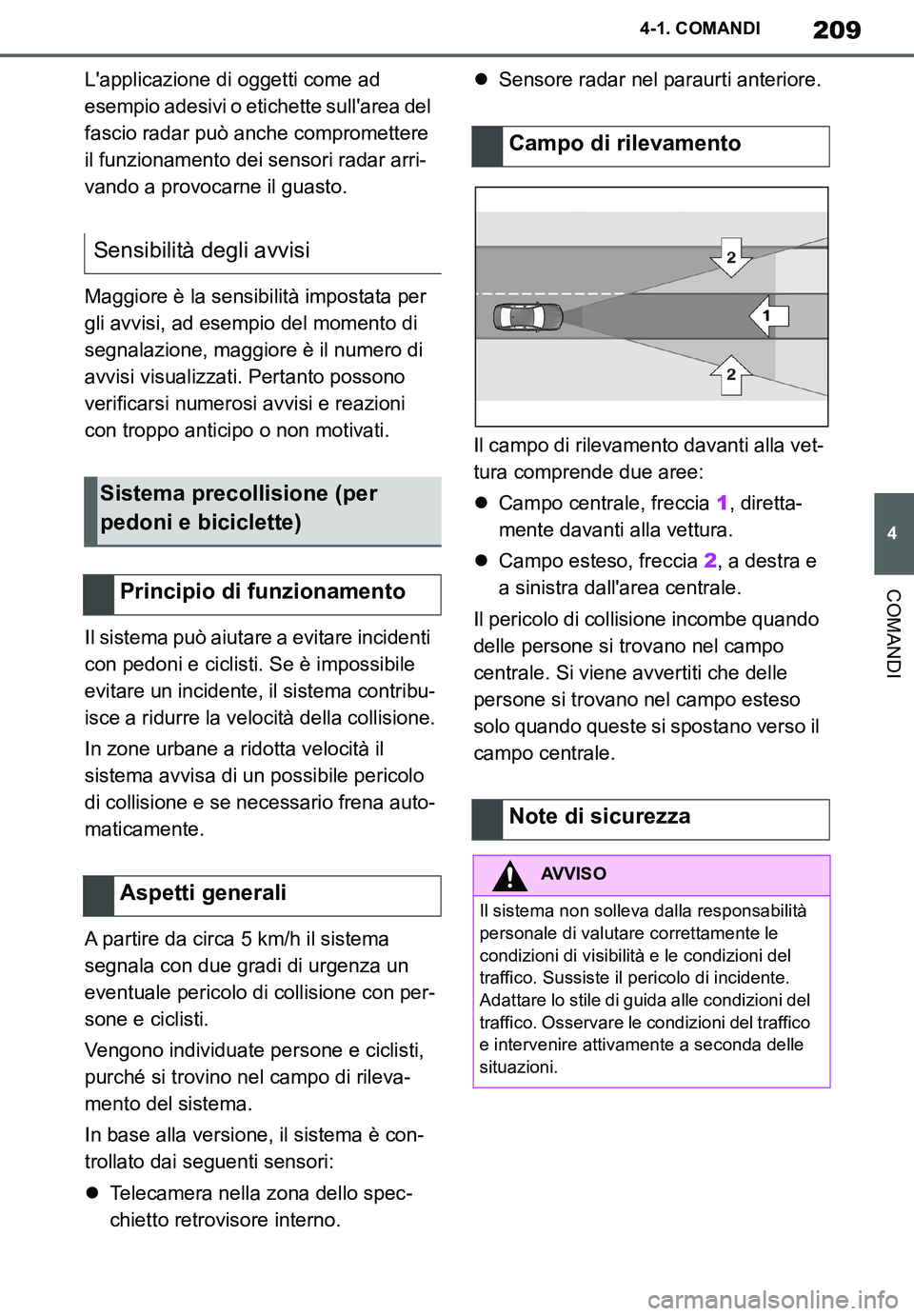 TOYOTA SUPRA 2020  Manuale duso (in Italian) 209
4
Supra Owners Manual_EL
4-1. COMANDI
COMANDI
Lapplicazione di oggetti come ad 
esempio adesivi o etichette sullarea del 
fascio radar può anche compromettere 
il funzionamento dei sensori rad