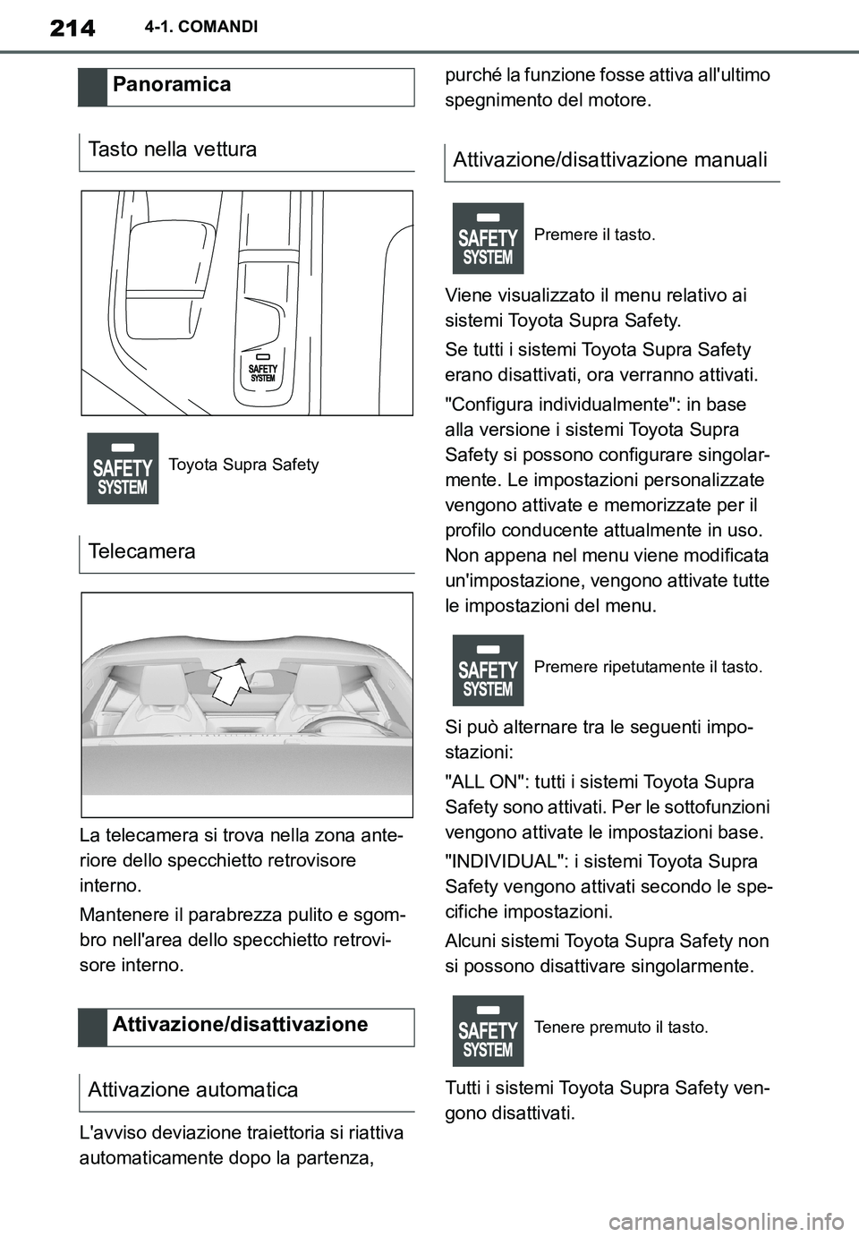 TOYOTA SUPRA 2020  Manuale duso (in Italian) 214
Supra Owners Manual_EL
4-1. COMANDI
La telecamera si trova nella zona ante-
riore dello specchietto retrovisore 
interno.
Mantenere il parabrezza pulito e sgom-
bro nellarea dello specchietto re