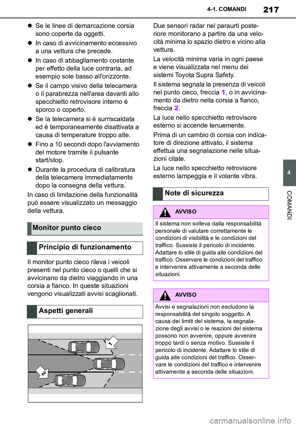 TOYOTA SUPRA 2020  Manuale duso (in Italian) 217
4
Supra Owners Manual_EL
4-1. COMANDI
COMANDI
Se le linee di demarcazione corsia 
sono coperte da oggetti.
In caso di avvicinamento eccessivo 
a una vettura che precede.
In caso di abbag