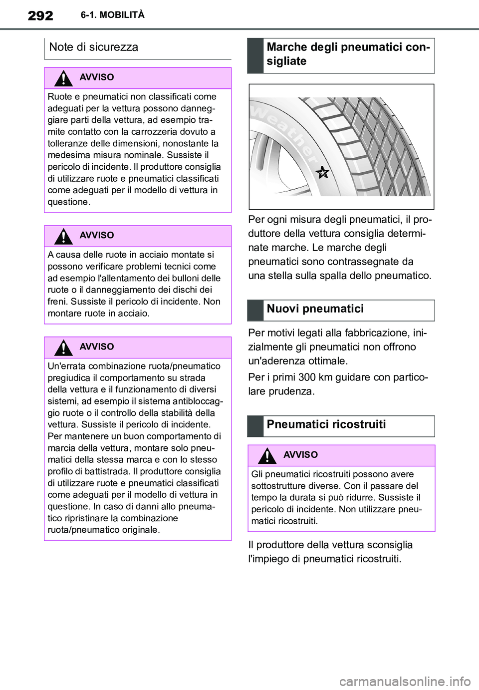 TOYOTA SUPRA 2020  Manuale duso (in Italian) 292
Supra Owners Manual
6-1. MOBILITÀ
Per ogni misura degli pneumatici, il pro-
duttore della vettura consiglia determi-
nate marche. Le marche degli 
pneumatici sono contrassegnate da 
una stella s