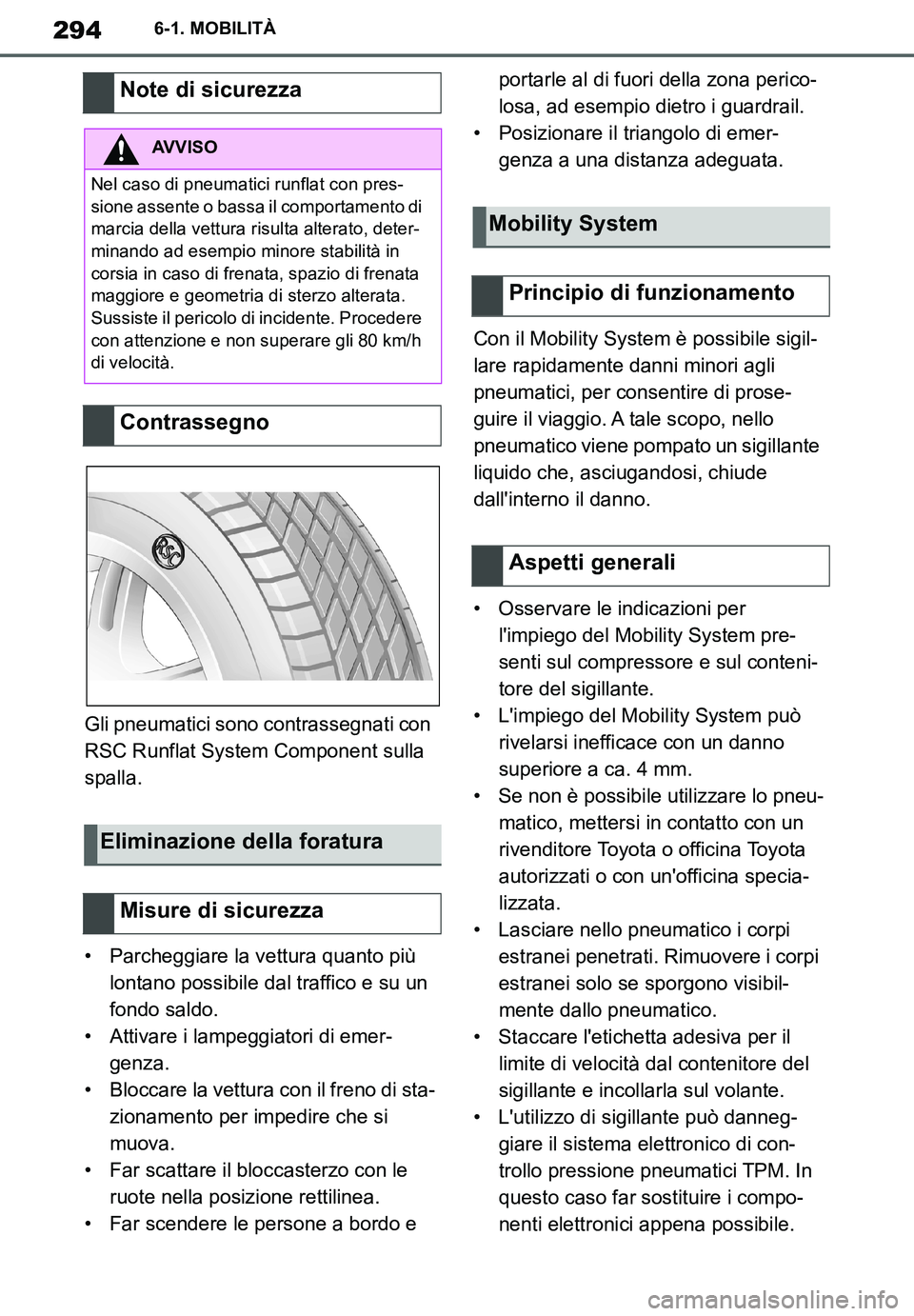 TOYOTA SUPRA 2020  Manuale duso (in Italian) 294
Supra Owners Manual
6-1. MOBILITÀ
Gli pneumatici sono contrassegnati con 
RSC Runflat System Component sulla 
spalla.
• Parcheggiare la vettura quanto più 
lontano possibile dal traffico e su