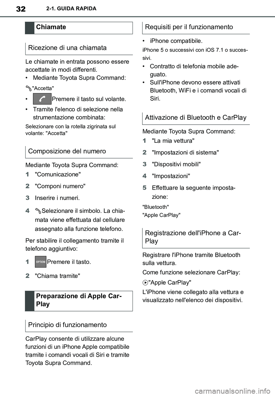 TOYOTA SUPRA 2020 Manuale duso (in Italian) 32
Supra Owners Manual_EL
2-1. GUIDA RAPIDA
Le chiamate in entrata possono essere
accettate in modi differenti.
• Mediante Toyota Supra Command:
"Accetta"
• Premere il tasto sul volante.
• Tra TOYOTA SUPRA 2020 Manuale duso (in Italian) 32
Supra Owners Manual_EL
2-1. GUIDA RAPIDA
Le chiamate in entrata possono essere
accettate in modi differenti.
• Mediante Toyota Supra Command:
"Accetta"
• Premere il tasto sul volante.
• Tra