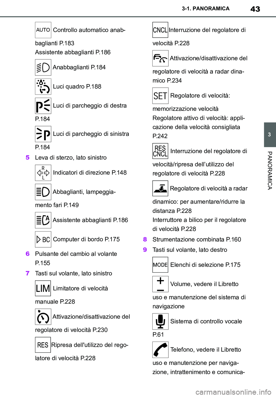 TOYOTA SUPRA 2020 Manuale duso (in Italian) 43
3
Supra Owners Manual_EL
3-1. PANORAMICA
PANORAMICA
Controllo automatico anab-
baglianti P.183
Assistente abbaglianti P.186
Anabbaglianti P.184
Luci quadro P.188
Luci di parcheggio di destra
TOYOTA SUPRA 2020 Manuale duso (in Italian) 43
3
Supra Owners Manual_EL
3-1. PANORAMICA
PANORAMICA
Controllo automatico anab-
baglianti P.183
Assistente abbaglianti P.186
Anabbaglianti P.184
Luci quadro P.188
Luci di parcheggio di destra