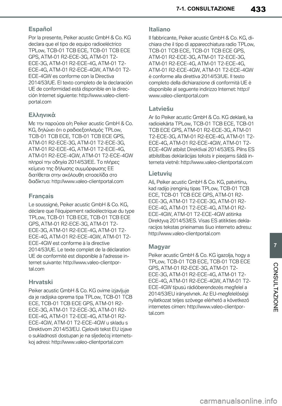 TOYOTA SUPRA 2020  Manuale duso (in Italian) 433
7
Supra Owners Manual_EL
7-1. CONSULTAZIONE
CONSULTAZIONE
Supra_OM_Italian_OM99V78L.book  433 ページ  ２０１９年８月２１日　水曜日　午前１０時４５分 