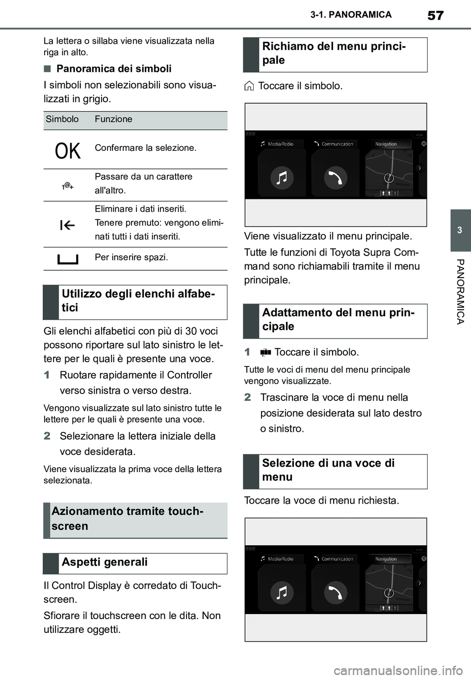 TOYOTA SUPRA 2020 Manuale duso (in Italian) 57
3
Supra Owners Manual_EL
3-1. PANORAMICA
PANORAMICA
La lettera o sillaba viene visualizzata nella
riga in alto.
■Panoramica dei simboli
I simboli non selezionabili sono visua-
lizzati in grigio TOYOTA SUPRA 2020 Manuale duso (in Italian) 57
3
Supra Owners Manual_EL
3-1. PANORAMICA
PANORAMICA
La lettera o sillaba viene visualizzata nella
riga in alto.
■Panoramica dei simboli
I simboli non selezionabili sono visua-
lizzati in grigio
