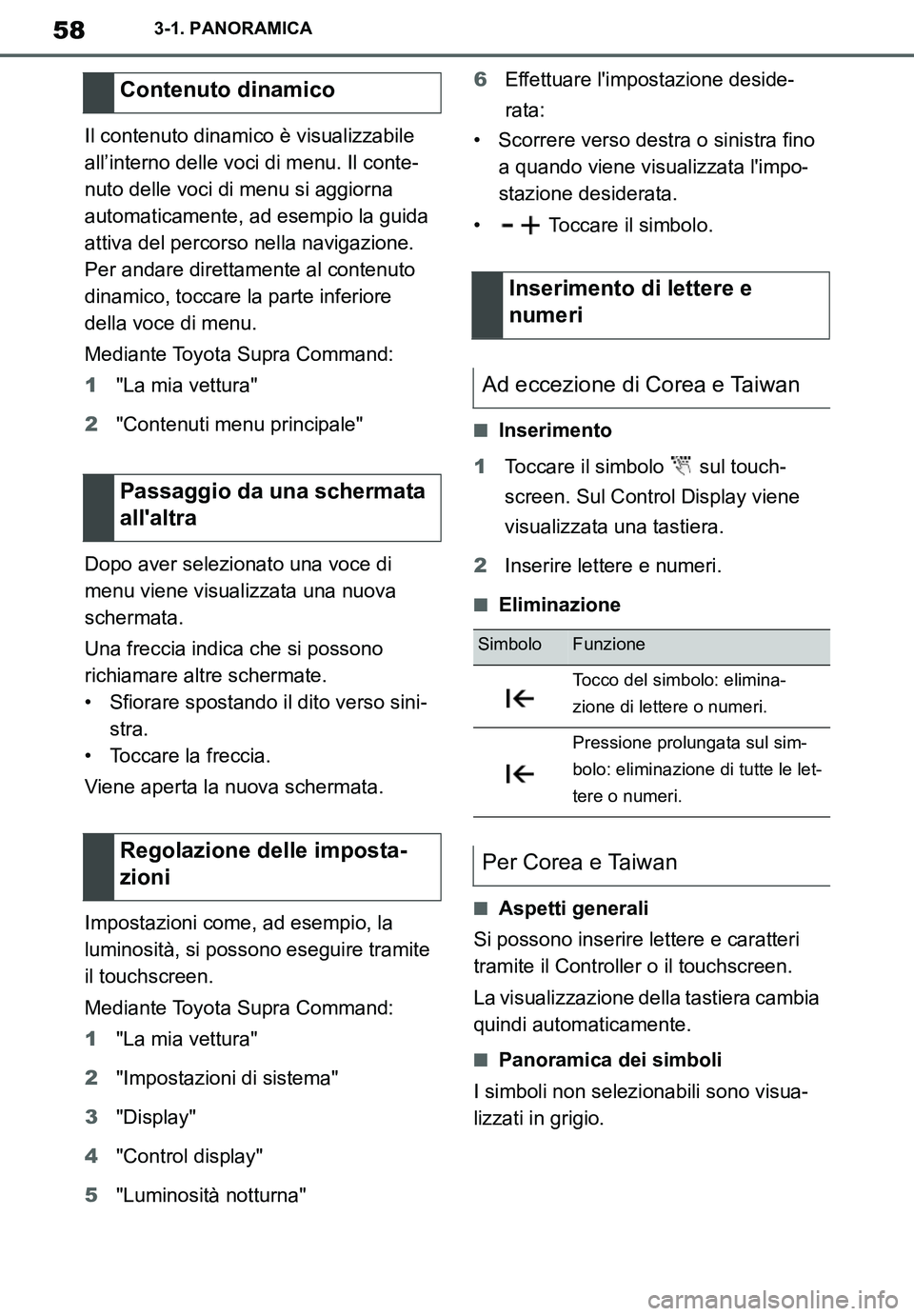 TOYOTA SUPRA 2020 Manuale duso (in Italian) 58
Supra Owners Manual_EL
3-1. PANORAMICA
Il contenuto dinamico è visualizzabile
all’interno delle voci di menu. Il conte-
nuto delle voci di menu si aggiorna
automaticamente, ad esempio la guid TOYOTA SUPRA 2020 Manuale duso (in Italian) 58
Supra Owners Manual_EL
3-1. PANORAMICA
Il contenuto dinamico è visualizzabile
all’interno delle voci di menu. Il conte-
nuto delle voci di menu si aggiorna
automaticamente, ad esempio la guid