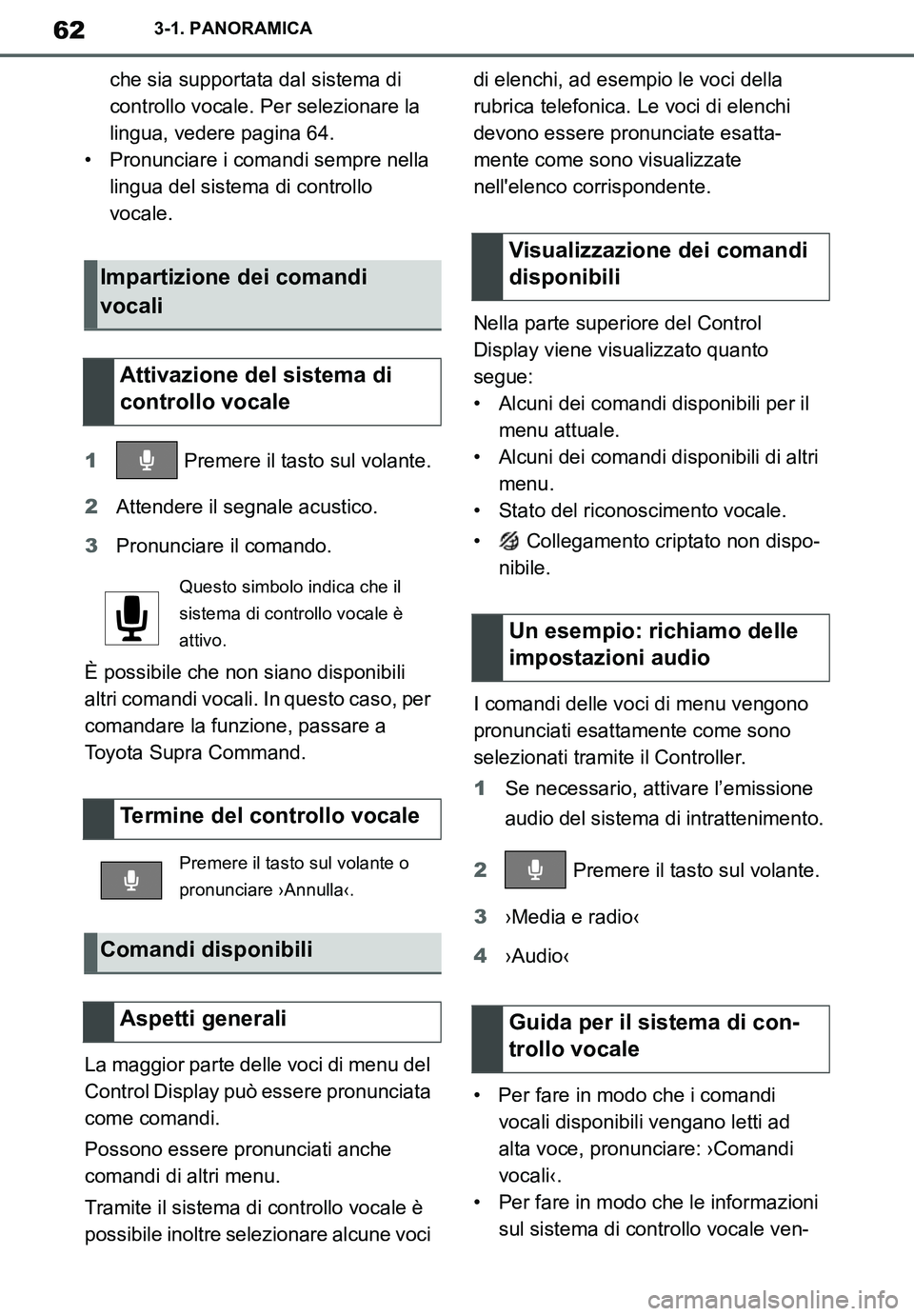 TOYOTA SUPRA 2020 Manuale duso (in Italian) 62
Supra Owners Manual_EL
3-1. PANORAMICA
che sia supportata dal sistema di
controllo vocale. Per selezionare la
lingua, vedere pagina 64.
• Pronunciare i comandi sempre nella
lingua del sistema TOYOTA SUPRA 2020 Manuale duso (in Italian) 62
Supra Owners Manual_EL
3-1. PANORAMICA
che sia supportata dal sistema di
controllo vocale. Per selezionare la
lingua, vedere pagina 64.
• Pronunciare i comandi sempre nella
lingua del sistema