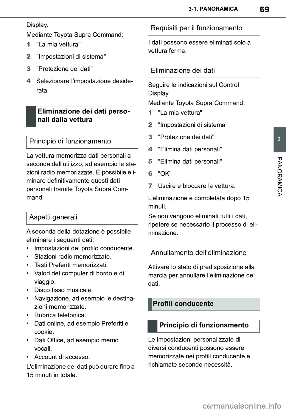 TOYOTA SUPRA 2020 Manuale duso (in Italian) 69
3
Supra Owners Manual_EL
3-1. PANORAMICA
PANORAMICA
Display.
Mediante Toyota Supra Command:
1"La mia vettura"
2"Impostazioni di sistema"
3"Protezione dei dati"
4Selezionare limpostazione deside-
TOYOTA SUPRA 2020 Manuale duso (in Italian) 69
3
Supra Owners Manual_EL
3-1. PANORAMICA
PANORAMICA
Display.
Mediante Toyota Supra Command:
1"La mia vettura"
2"Impostazioni di sistema"
3"Protezione dei dati"
4Selezionare limpostazione deside-