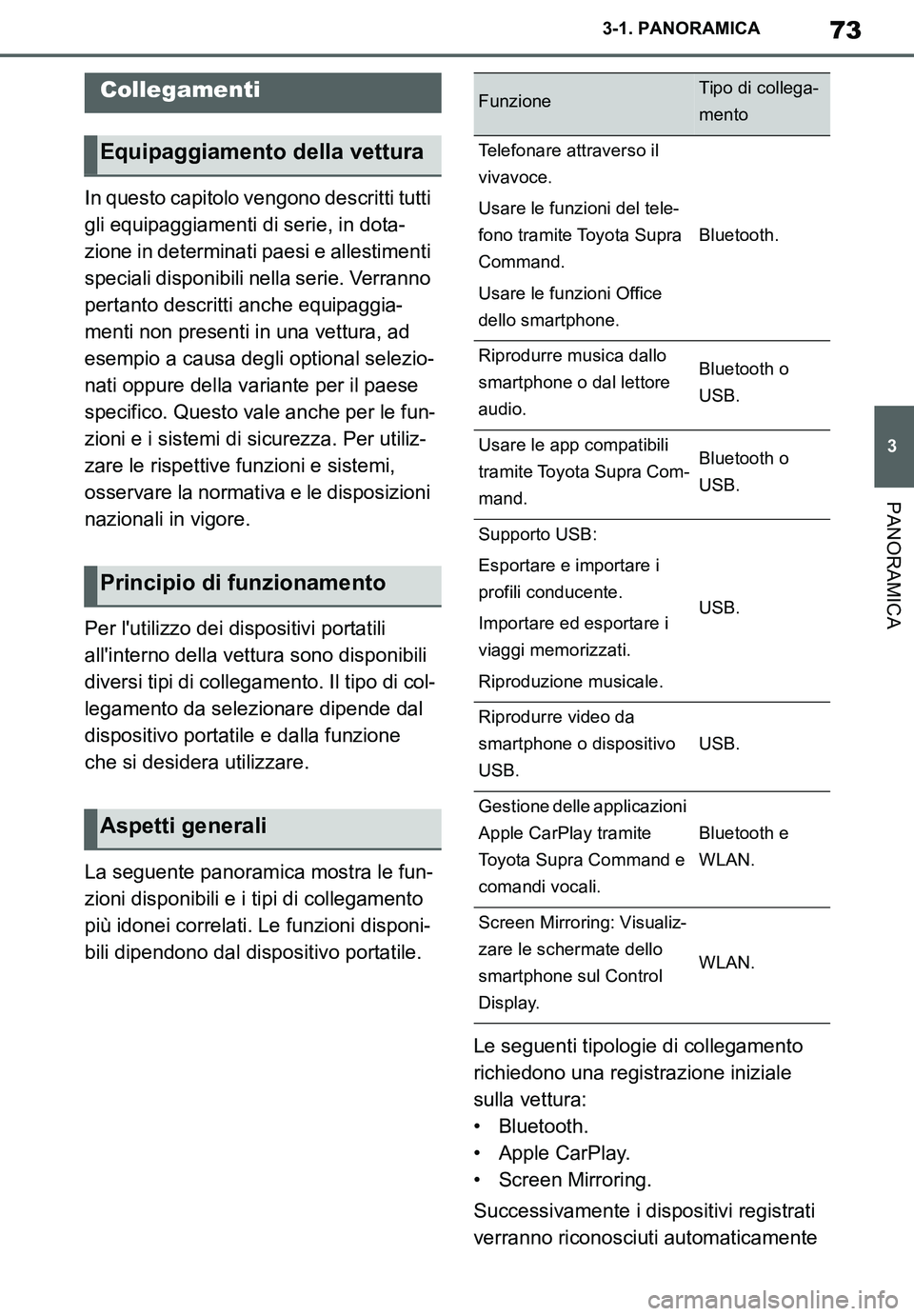 TOYOTA SUPRA 2020 Manuale duso (in Italian) 73
3
Supra Owners Manual_EL
3-1. PANORAMICA
PANORAMICA
In questo capitolo vengono descritti tutti
gli equipaggiamenti di serie, in dota-
zione in determinati paesi e allestimenti
speciali disponibi TOYOTA SUPRA 2020 Manuale duso (in Italian) 73
3
Supra Owners Manual_EL
3-1. PANORAMICA
PANORAMICA
In questo capitolo vengono descritti tutti
gli equipaggiamenti di serie, in dota-
zione in determinati paesi e allestimenti
speciali disponibi