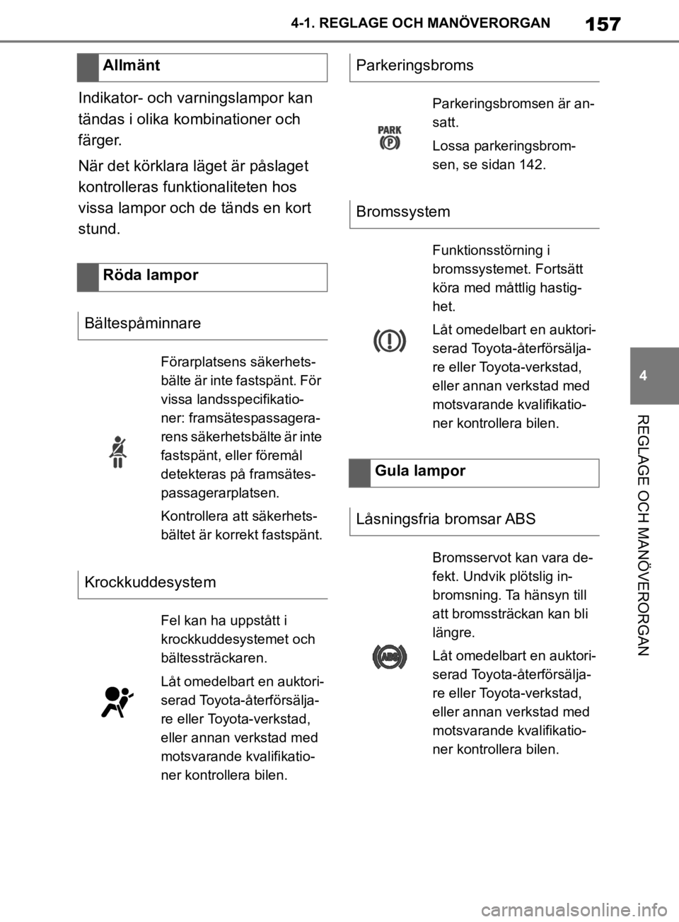 TOYOTA SUPRA 2020 Bruksanvisningar (in Swedish) 157
4
Supras instruktionsbok 4-1. REGLAGE O
CH MANÖVERORGAN
REGLAGE OCH MANÖVERORGAN
Indikator- och varningslampor kan
tändas i olika kombinationer och
färger.
När det körklara läget är pås TOYOTA SUPRA 2020 Bruksanvisningar (in Swedish) 157
4
Supras instruktionsbok 4-1. REGLAGE O
CH MANÖVERORGAN
REGLAGE OCH MANÖVERORGAN
Indikator- och varningslampor kan
tändas i olika kombinationer och
färger.
När det körklara läget är pås