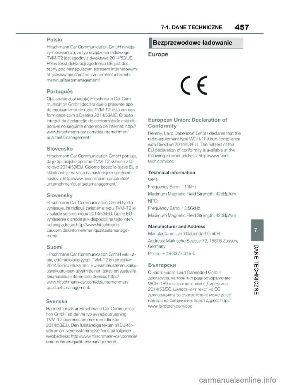 TOYOTA SUPRA 2020  Instrukcja obsługi (in Polish) DANE TECHNICZNE
7-1. DANE TECHNICZNE457
7
Bezprzewodowe ∏adowanie
56 Supra OM99V74E  7/2/20  9:28  Page 457 
