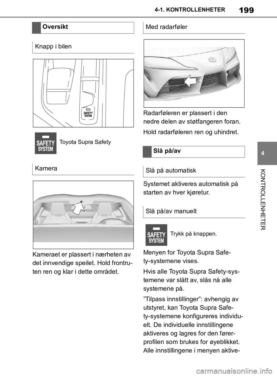 TOYOTA SUPRA 2020  Instruksjoner for bruk (in Norwegian) 199
4
Brukerhåndbok for Supra 4-1. KONTROLLENHETER
KONTROLLENHETER
Kameraet er plassert i nærheten av 
det innvendige speilet. Hold frontru-
ten ren og klar i dette området.
Radarføleren er plasse