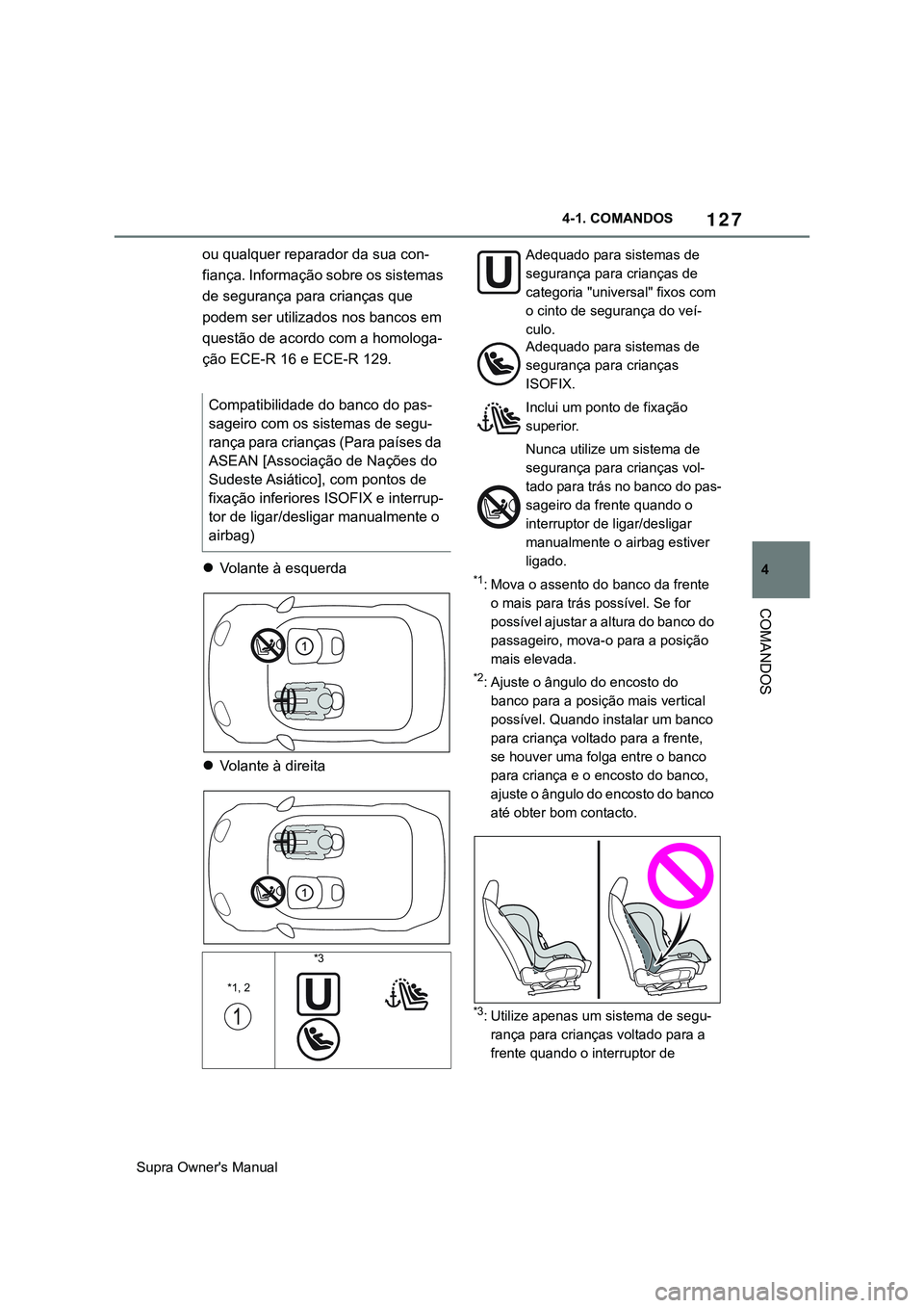 TOYOTA SUPRA 2020  Manual de utilização (in Portuguese) 127
4
Supra Owner's Manual4-1. COMANDOS
COMANDOS
ou qualquer reparador da sua con-
fiança. Informação sobre os sistemas 
de segurança para crianças que 
podem ser utilizados nos bancos em 
qu