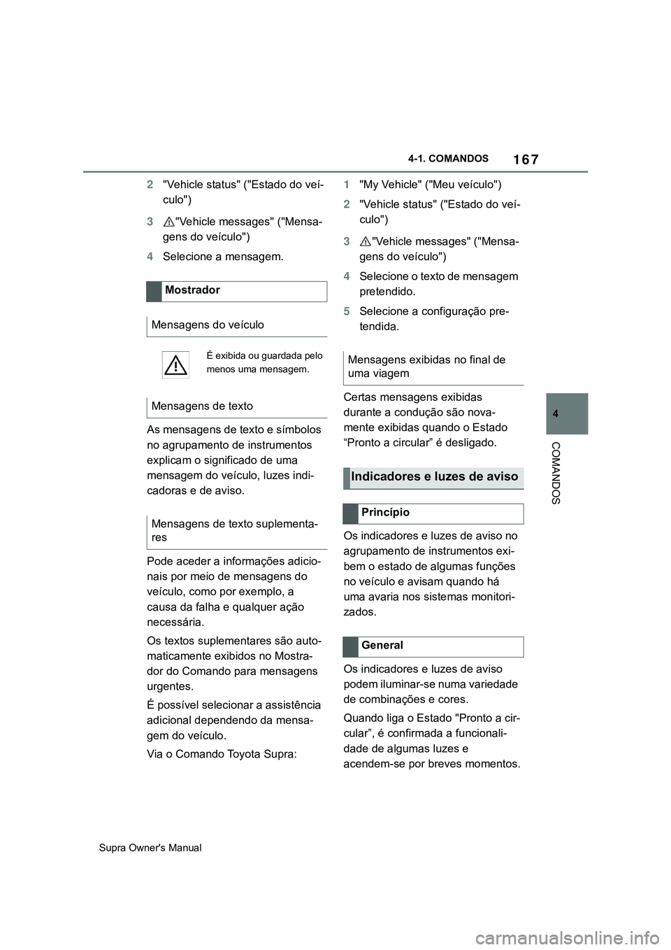 TOYOTA SUPRA 2020  Manual de utilização (in Portuguese) 167
4
Supra Owner's Manual4-1. COMANDOS
COMANDOS
2"Vehicle status" ("Estado do veí-
culo")
3"Vehicle messages" ("Mensa-
gens do veículo")
4Selecione a mensagem.
A