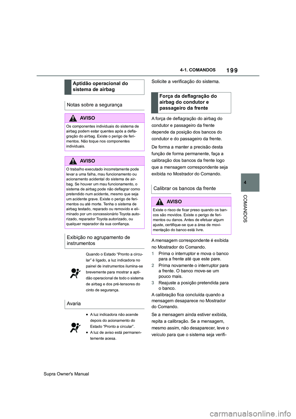 TOYOTA SUPRA 2020  Manual de utilização (in Portuguese) 199
4
Supra Owner's Manual4-1. COMANDOS
COMANDOS
Solicite a verificação do sistema.
A força de deflagração do airbag do 
condutor e passageiro da frente 
depende da posição dos bancos do 
c