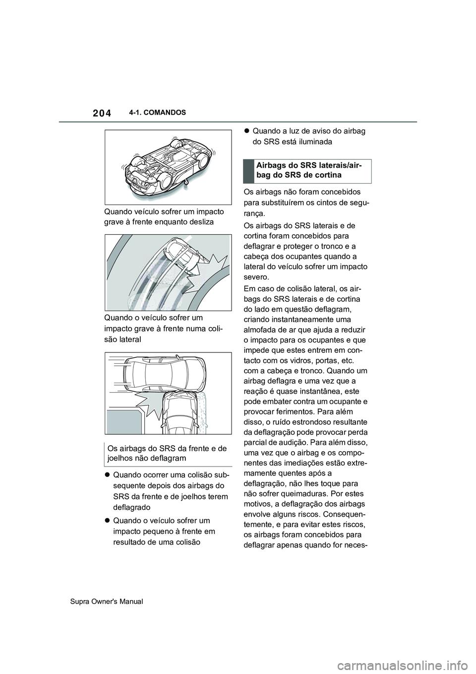 TOYOTA SUPRA 2020  Manual de utilização (in Portuguese) 204
Supra Owner's Manual4-1. COMANDOS
Quando veículo sofrer um impacto 
grave à frente enquanto desliza
Quando o veículo sofrer um 
impacto grave à frente numa coli-
são lateral

Quando oc
