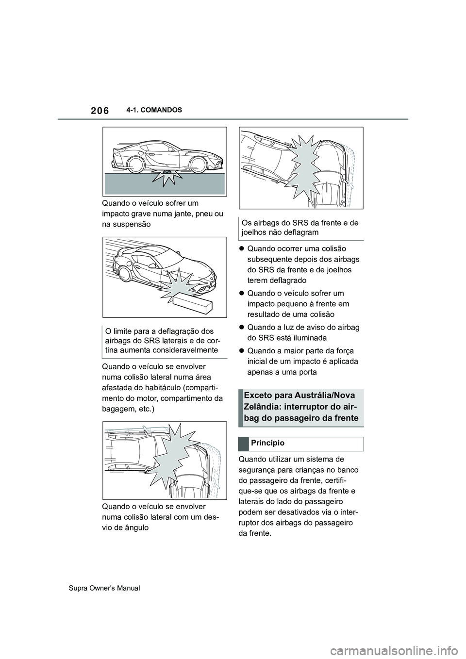 TOYOTA SUPRA 2020  Manual de utilização (in Portuguese) 206
Supra Owner's Manual4-1. COMANDOS
Quando o veículo sofrer um 
impacto grave numa jante, pneu ou 
na suspensão
Quando o veículo se envolver 
numa colisão lateral numa área 
afastada do hab