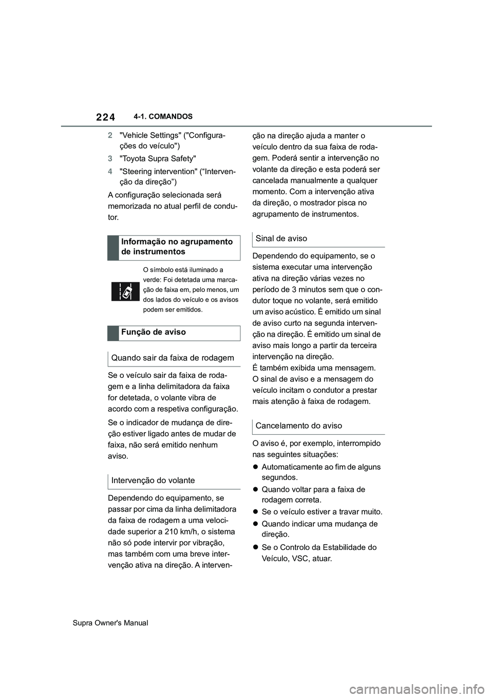 TOYOTA SUPRA 2020  Manual de utilização (in Portuguese) 224
Supra Owner's Manual4-1. COMANDOS
2"Vehicle Settings" ("Configura-
ções do veículo")
3"Toyota Supra Safety"
4"Steering intervention" (“Interven-
ção da d