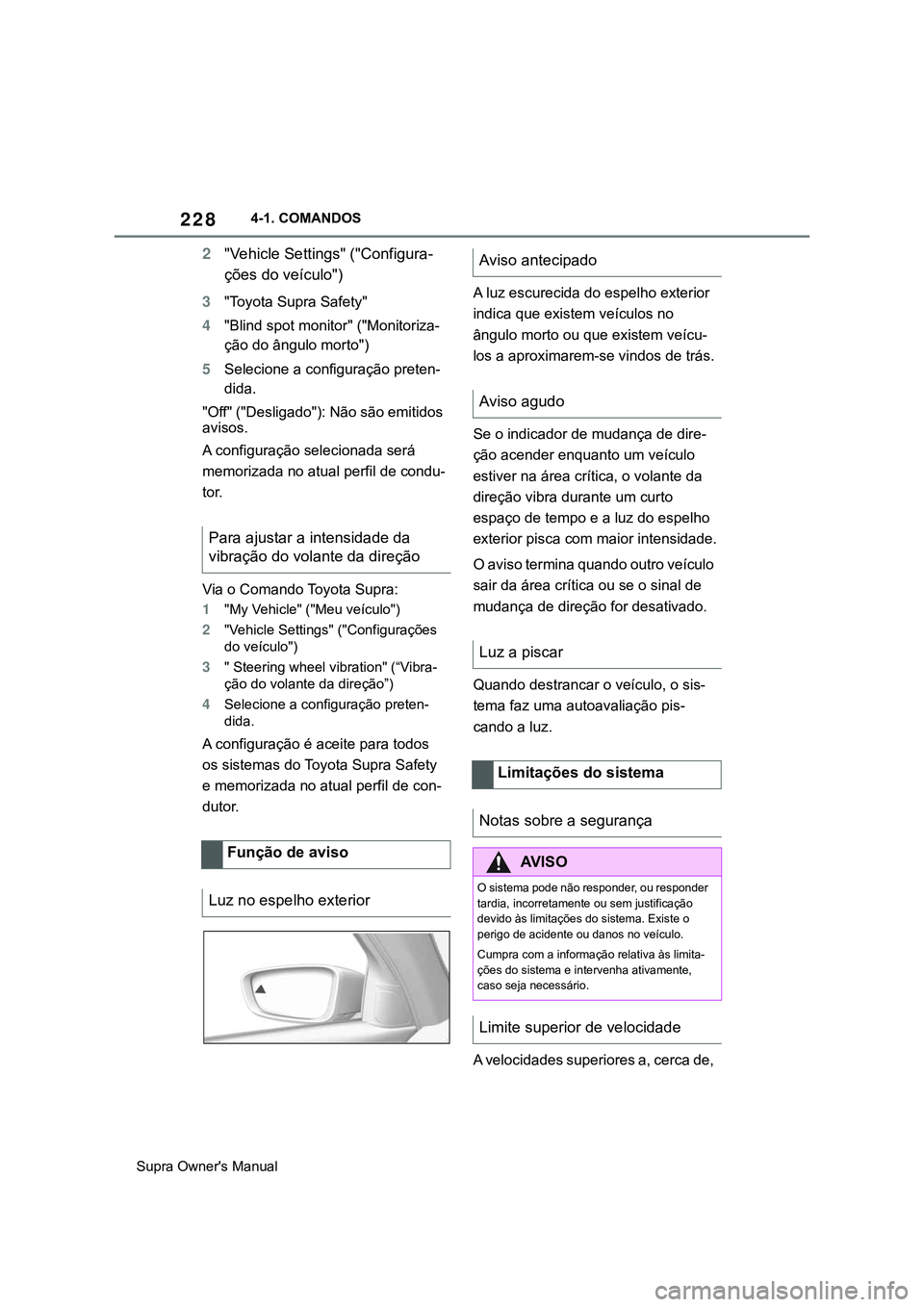 TOYOTA SUPRA 2020  Manual de utilização (in Portuguese) 228
Supra Owner's Manual4-1. COMANDOS
2"Vehicle Settings" ("Configura-
ções do veículo")
3"Toyota Supra Safety"
4"Blind spot monitor" ("Monitoriza-
ção do 