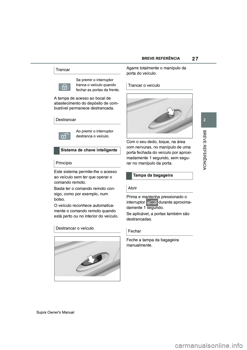 TOYOTA SUPRA 2020  Manual de utilização (in Portuguese) 27
2
Supra Owner's ManualBREVE REFERÊNCIA
BREVE REFERÊNCIA
A tampa de acesso ao bocal de 
abastecimento do depósito de com-
bustível permanece destrancada.
Este sistema permite-lhe o acesso 
a