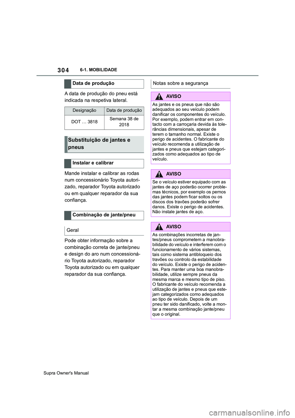TOYOTA SUPRA 2020  Manual de utilização (in Portuguese) 304
Supra Owner's Manual6-1. MOBILIDADE
A data de produção do pneu está 
indicada na respetiva lateral.
Mande instalar e calibrar as rodas 
num concessionário Toyota autori-
zado, reparador To