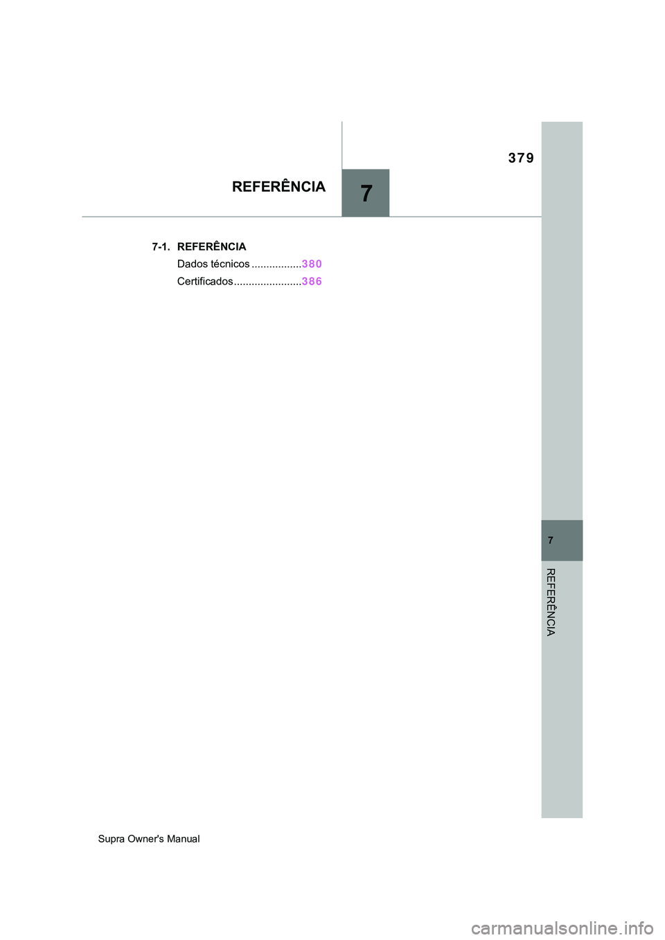TOYOTA SUPRA 2020  Manual de utilização (in Portuguese) 7
379
Supra Owner's Manual
7
REFERÊNCIA
REFERÊNCIA
.7-1. REFERÊNCIA
Dados técnicos .................380
Certificados.......................386 