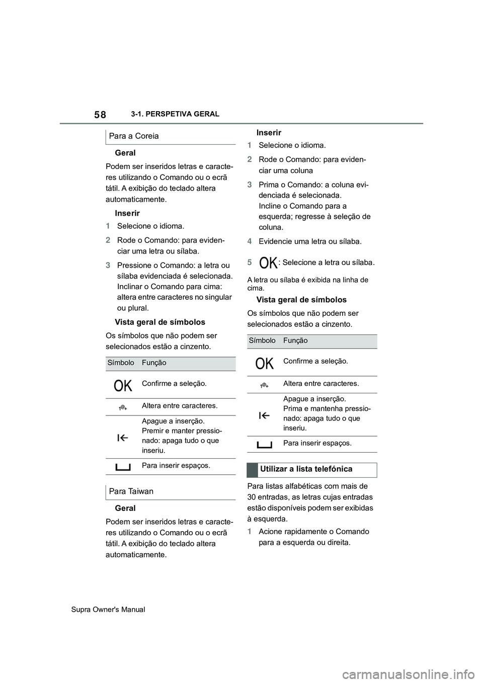 TOYOTA SUPRA 2020  Manual de utilização (in Portuguese) 58
Supra Owner's Manual3-1. PERSPETIVA GERAL
Geral
Podem ser inseridos letras e caracte-
res utilizando o Comando ou o ecrã 
tátil. A exibição do teclado altera 
automaticamente.
Inserir
1
Sel