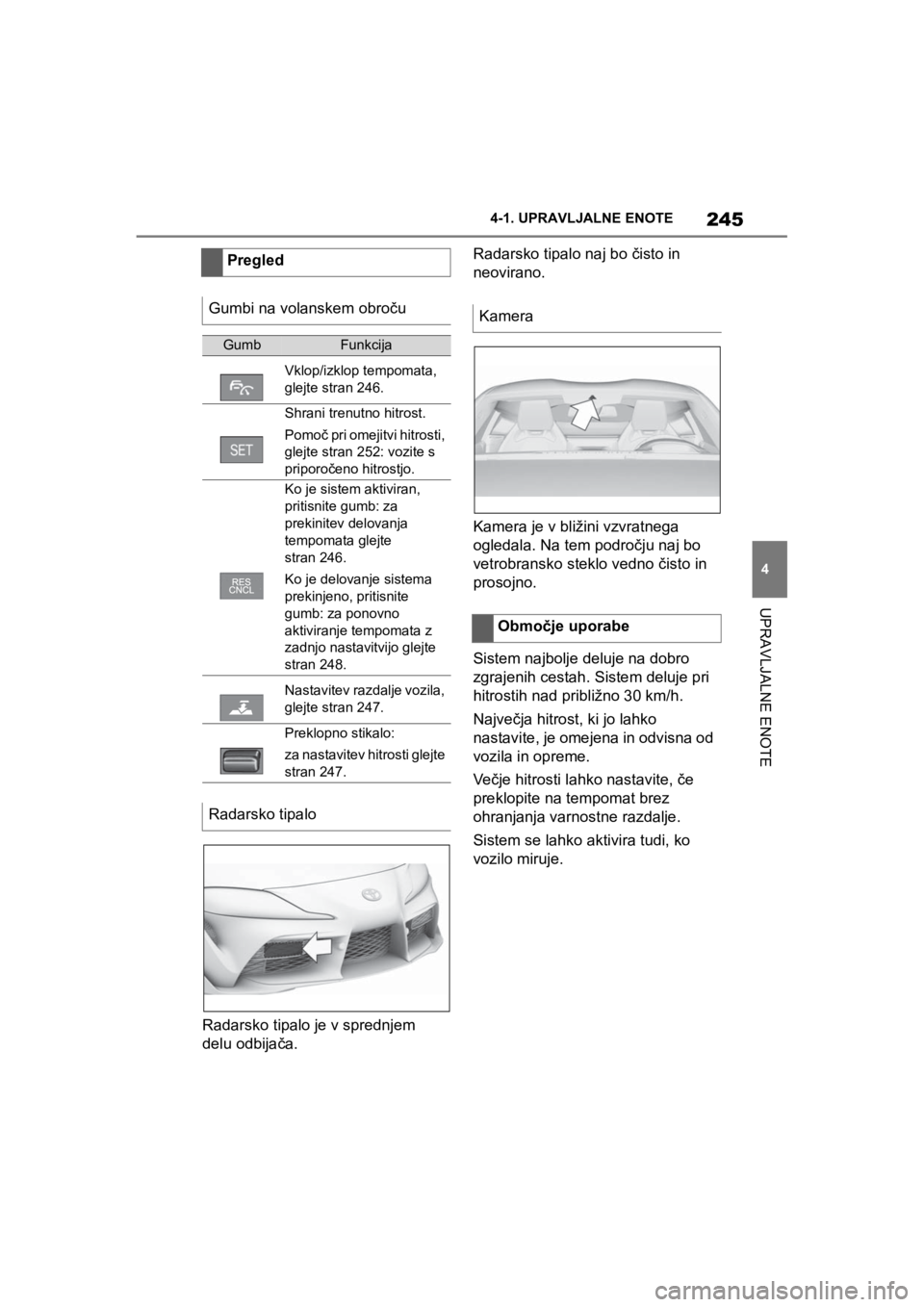 TOYOTA SUPRA 2020 Navodila Za Uporabo (in Slovenian) 245
4
Supra Owners Manual4-1. UPRAVLJALNE ENOTE
UPRAVLJALNE ENOTE
Radarsko tipalo je v sprednjem
delu odbijača.Radarsko tipalo naj bo čisto in
neovirano.
Kamera je v bližini vzvratnega
ogledala TOYOTA SUPRA 2020 Navodila Za Uporabo (in Slovenian) 245
4
Supra Owners Manual4-1. UPRAVLJALNE ENOTE
UPRAVLJALNE ENOTE
Radarsko tipalo je v sprednjem
delu odbijača.Radarsko tipalo naj bo čisto in
neovirano.
Kamera je v bližini vzvratnega
ogledala