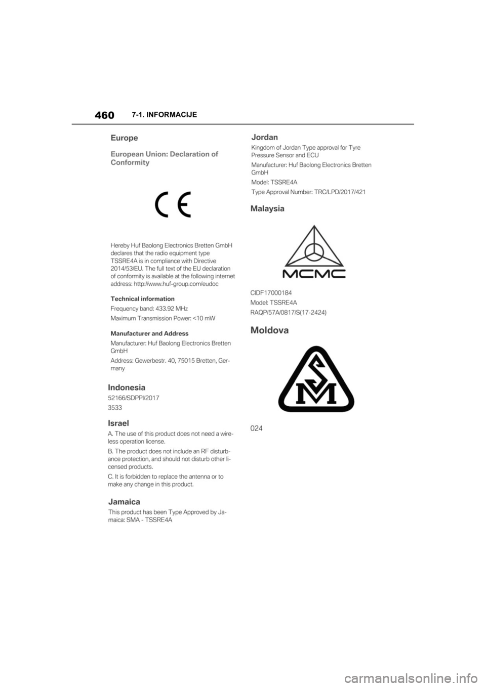 TOYOTA SUPRA 2020  Navodila Za Uporabo (in Slovenian) 460
Supra Owners Manual7-1. INFORMACIJE
Supra_OM_General_OM99W08E_1_2003.book  Page 460  Monday, May 18, 2020  6:27 PM 