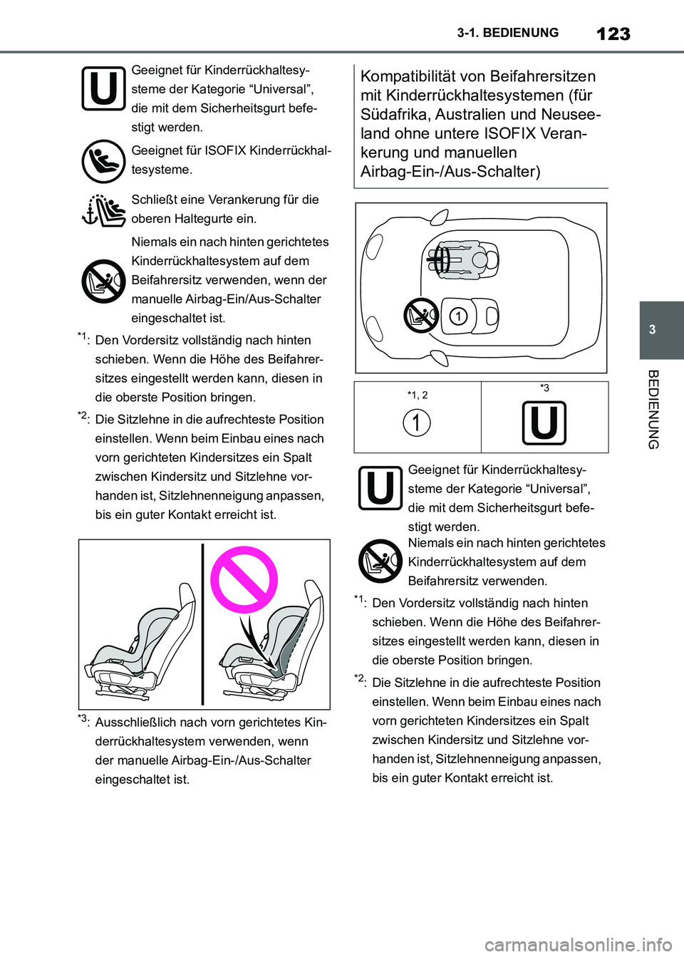 TOYOTA SUPRA 2021  Betriebsanleitungen (in German) 123
3 3-1. BEDIENUNG
BEDIENUNG
Supra Owners Manual_M (from Nov. 20 Prod.)
*1: Den Vordersitz vollständig nach hinten 
schieben. Wenn die Höhe des Beifahrer-
sitzes eingestellt werden kann, diesen 